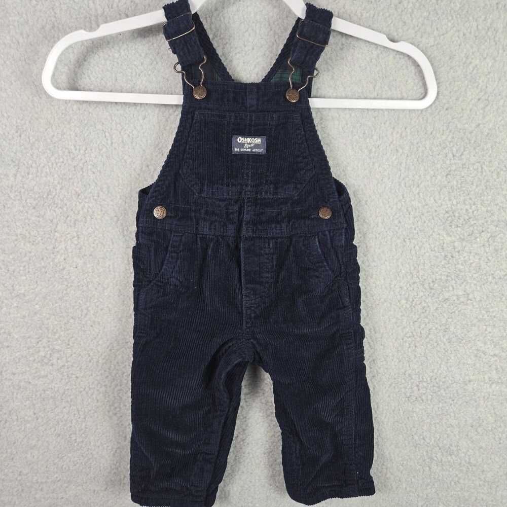 OshKosh B'gosh Baby Navy Blue Corduroy Overalls 12M Plaid Lined Vestbak Boys